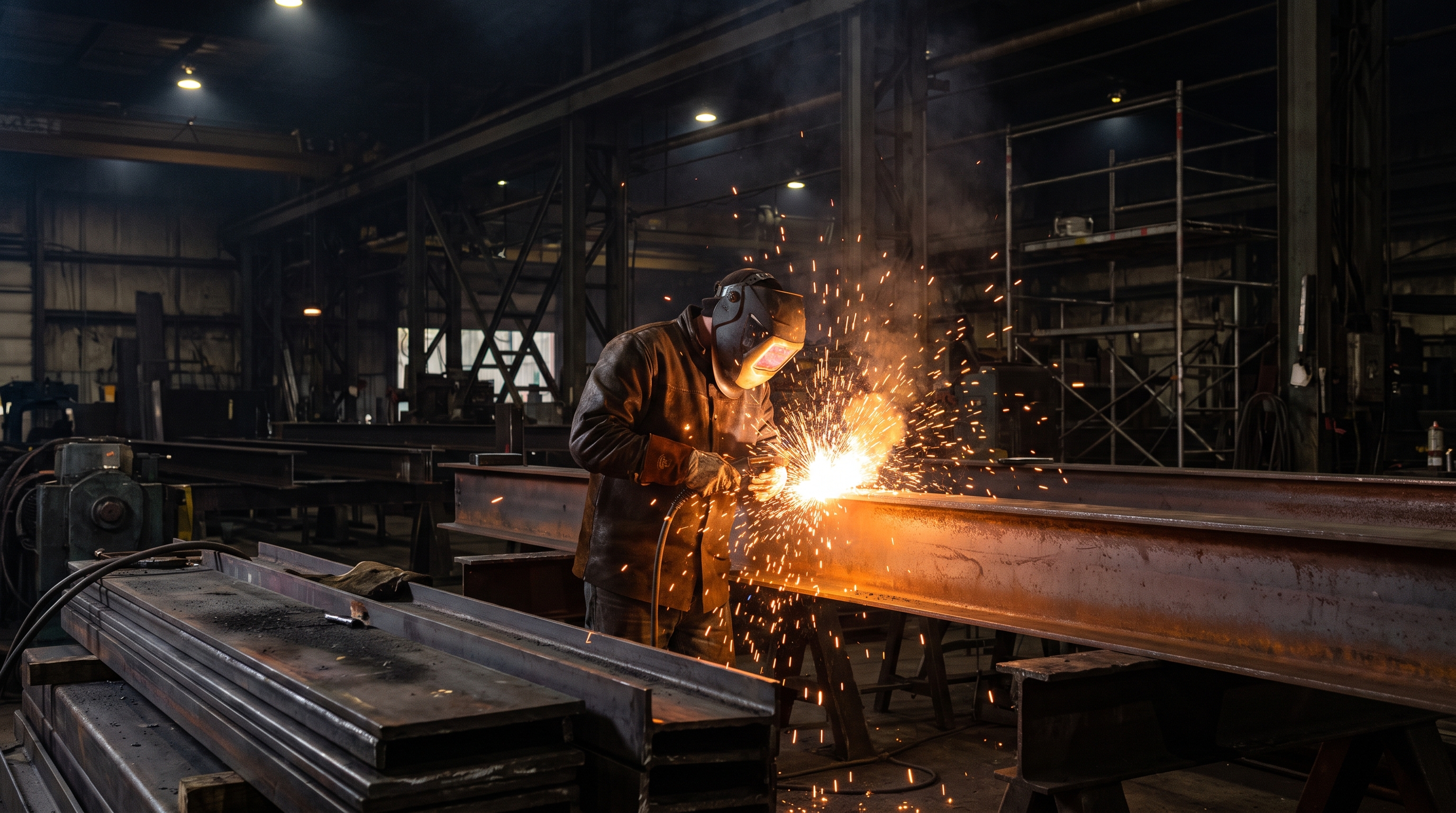 Welder striking an arc with sparks flying across structural steel in Maricopa County, Arizona